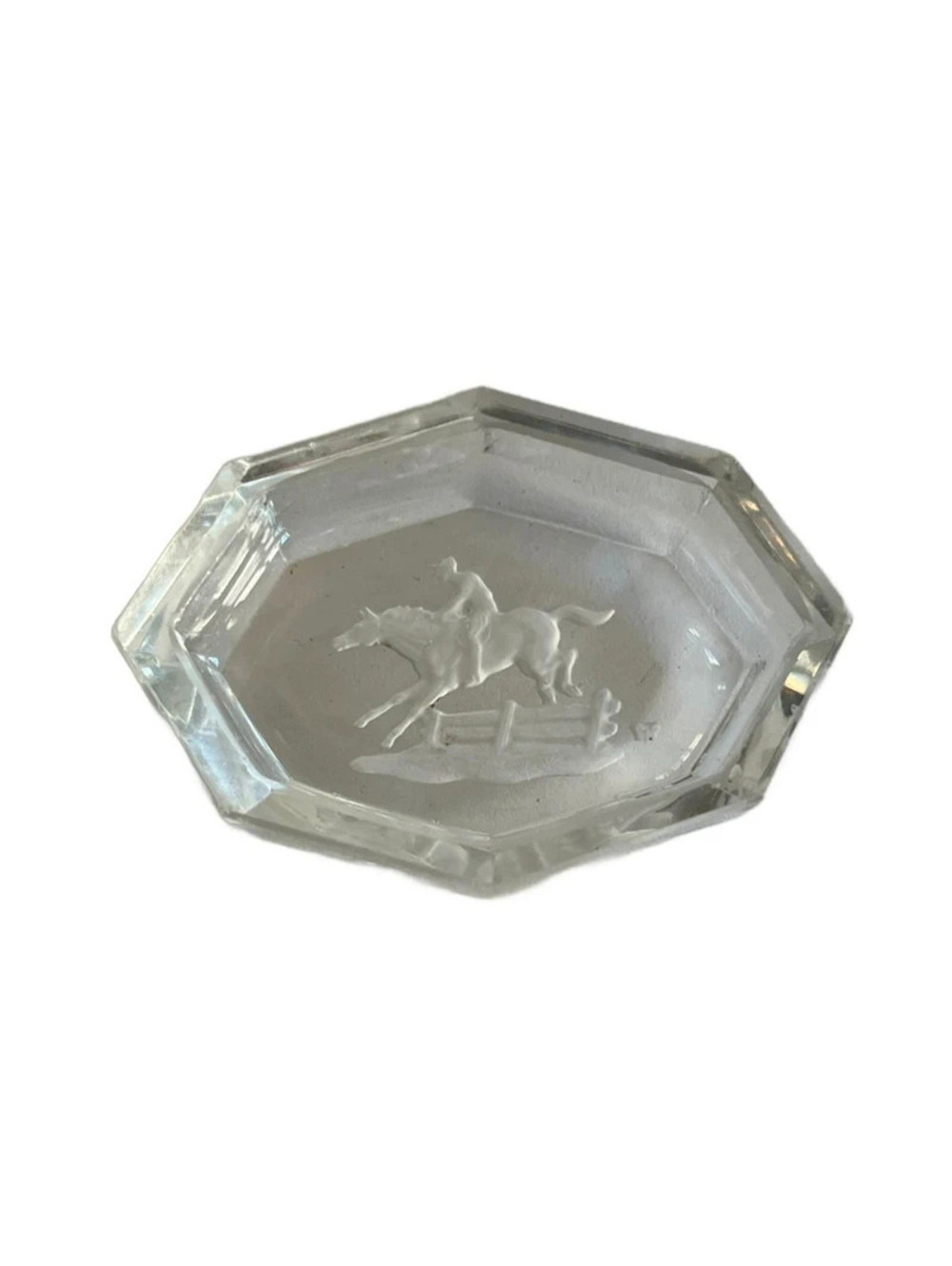Vintage Intaglio Glass Open Salt Cellar Dish Horse Jumping fence Crystal Ashtray